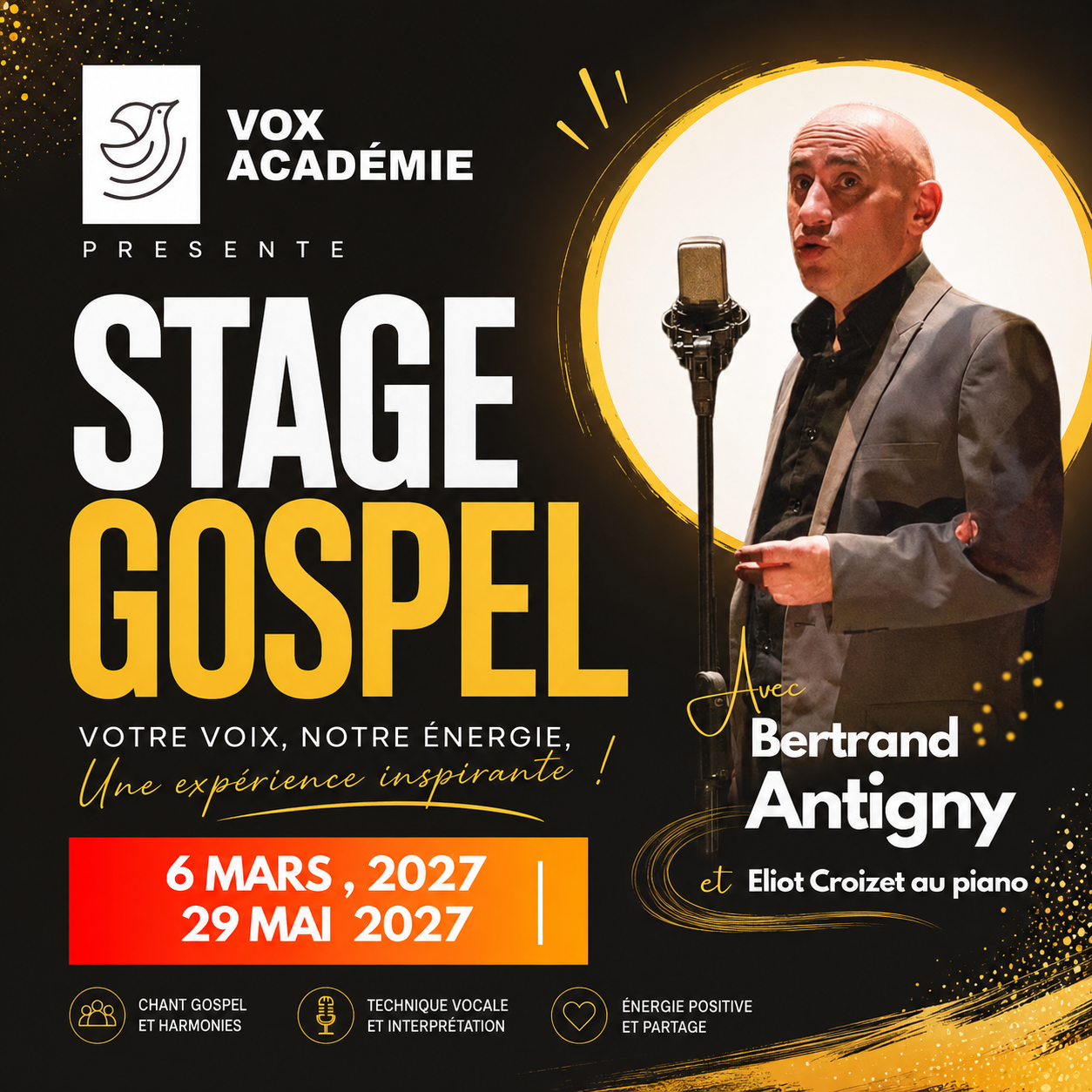 Stage de gospel à Vox Académie animé par Bertrand Antigny et Eliot Croizet, pianiste